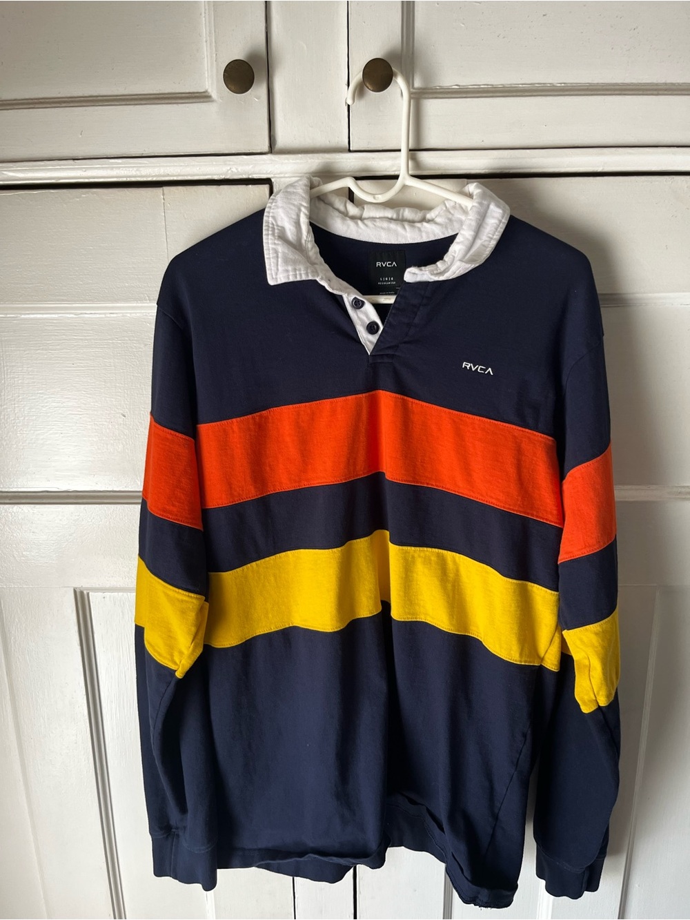 RVCA Navy Rugby Shirt with Red and Yellow Stripes - Men’s Size L